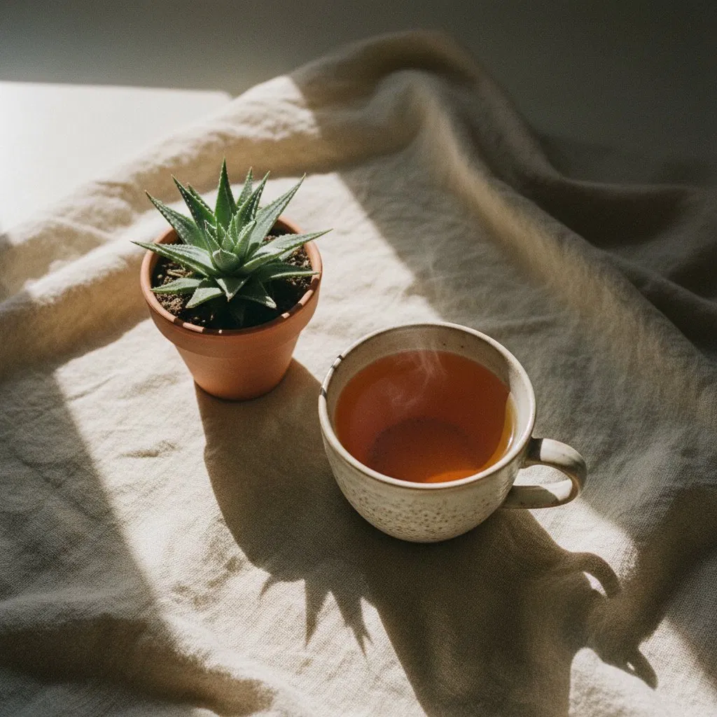 A peaceful moment with tea and a small plant